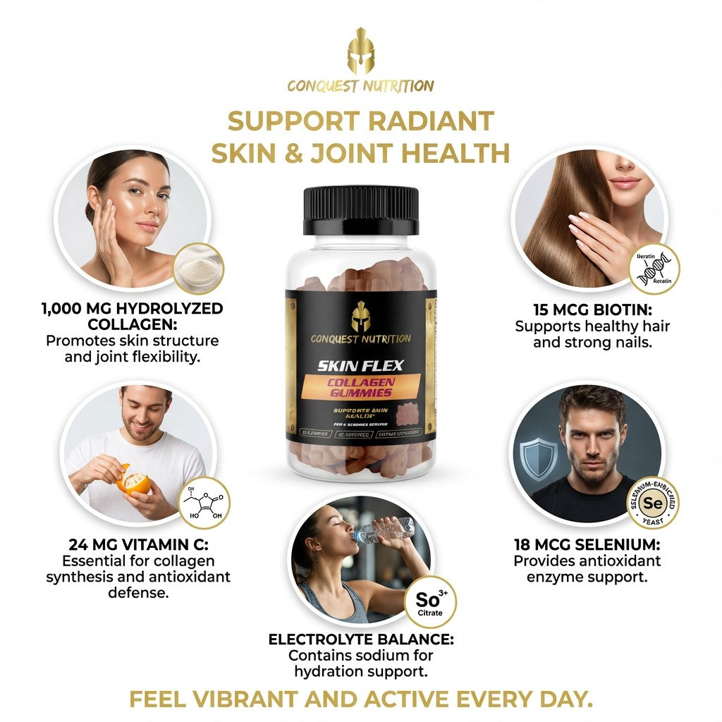 Conquest Nutrition Skin Flex Gummies packaging with health benefits on a white background