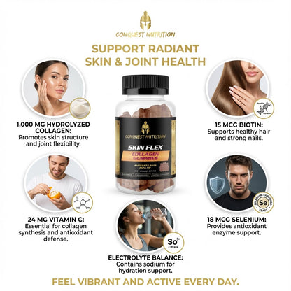 Conquest Nutrition Skin Flex Gummies packaging with health benefits on a white background