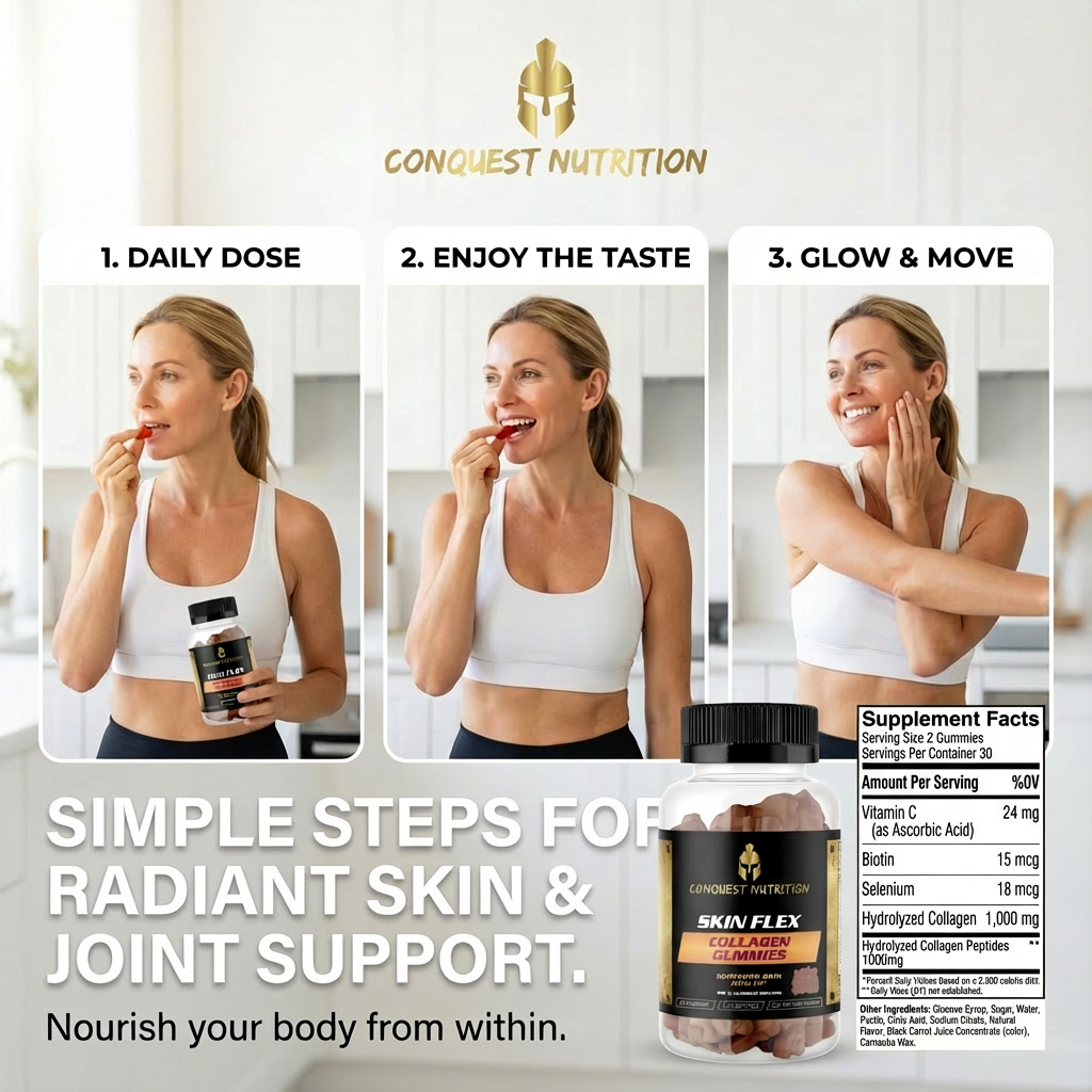 Advertisement for Conquest Nutrition supplements with a woman using the product and text about benefits.
