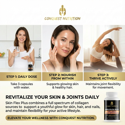 Advertisement for Conquest Nutrition supplements with images of a woman and text about daily dosing, skin nourishment, and joint health.