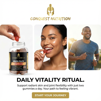Advertisement for Conquest Nutrition skin gummies with a man and woman using the product.