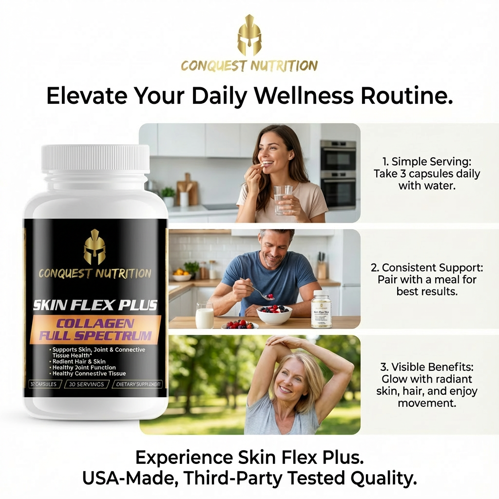 Advertisement for Conquest Nutrition Skin Flex Plus Collagen Full Spectrum supplement with lifestyle images and text.