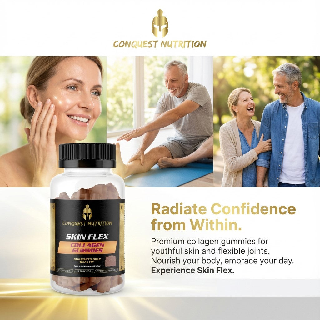 Advertisement for Conquest Nutrition Skin Flex Collagen Gummies with images of a woman, man, and couple.