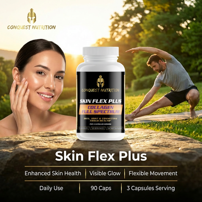 Bottle of Conquest Nutrition Skin Flex Plus supplement with a woman and man exercising outdoors.
