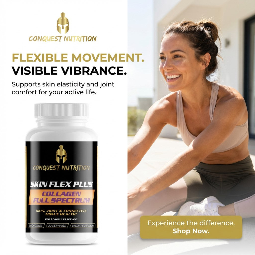 Advertisement for Conquest Nutrition Skin Flex Plus supplement with a woman exercising in the background.