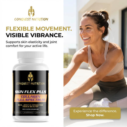 Advertisement for Conquest Nutrition Skin Flex Plus supplement with a woman exercising in the background.