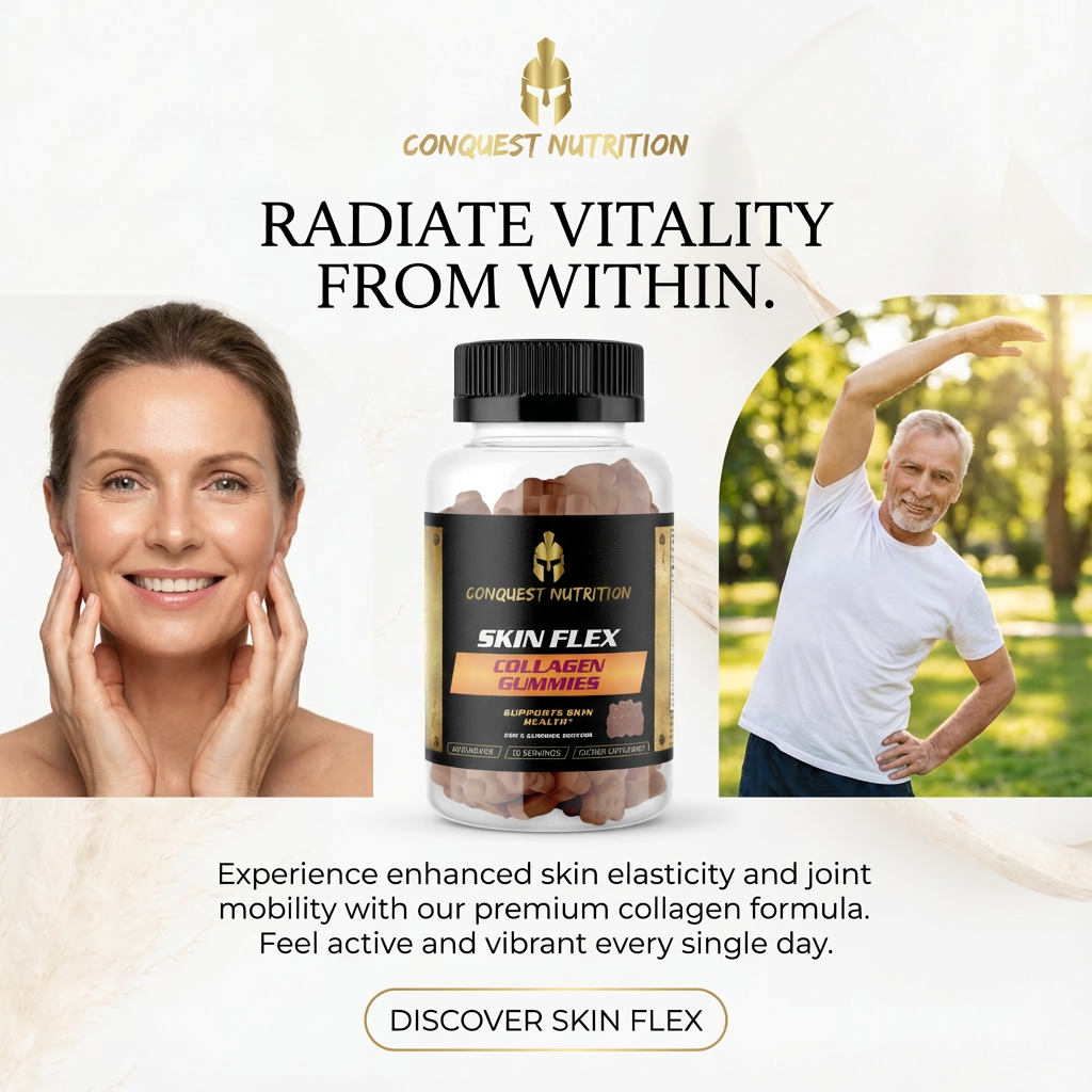 Advertisement for Conquest Nutrition Skin Flex Collagen Gummies with a woman and man outdoors, and product packaging.