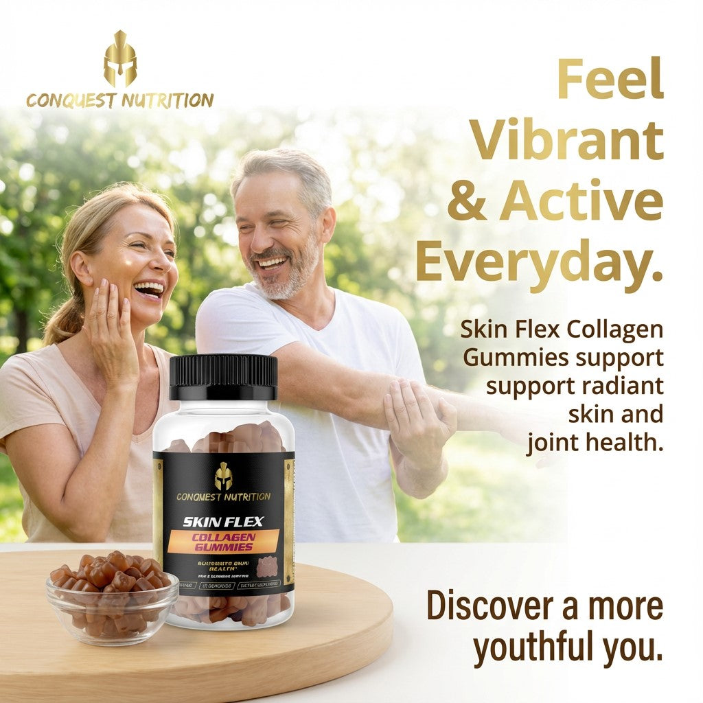 Advertisement for Conquest Nutrition Skin Flex Collagen Gummies with a couple outdoors.