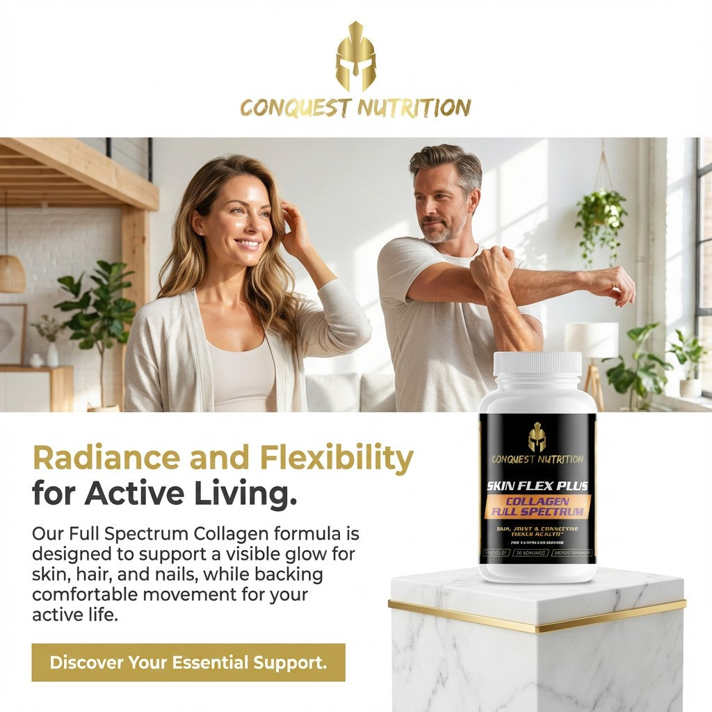 Advertisement for Conquest Nutrition collagen supplement with a couple in a kitchen setting.