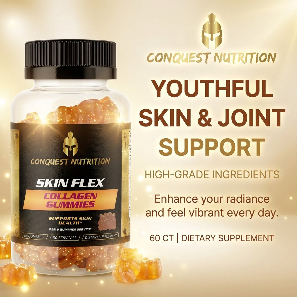 Conquest Nutrition Skin Flex Collagen Gummies packaging with text on a gold gradient background