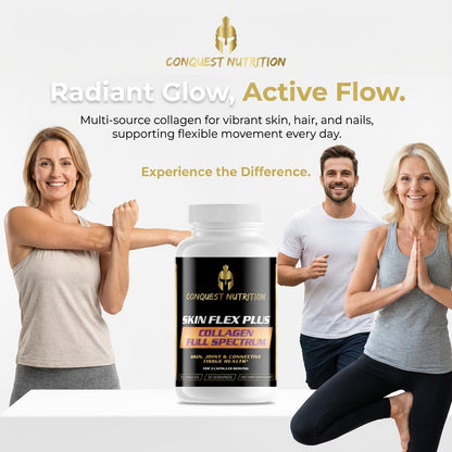 Advertisement for Conquest Nutrition Skin Flex Plus supplement with people exercising and a white background.