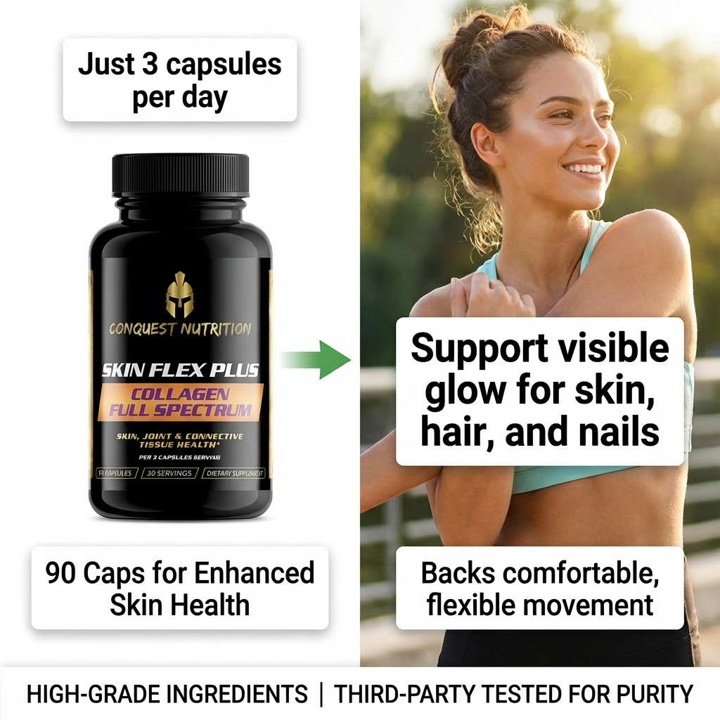 Conquest Nutrition Skin Flex Plus supplement bottle with a woman exercising outdoors.