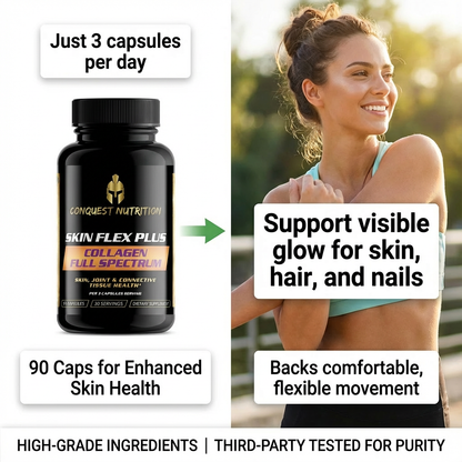 Conquest Nutrition Skin Flex Plus supplement bottle with a woman exercising outdoors.
