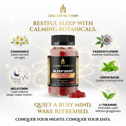 Sleep aid gummies with botanical ingredients and Conquest Nutrition branding on a white background.
