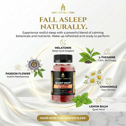 Sleep supplement bottle with natural ingredients and promotional text on a white background