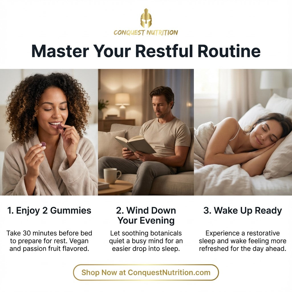Advertisement for Conquest Nutrition's restful routine with three lifestyle images and text.