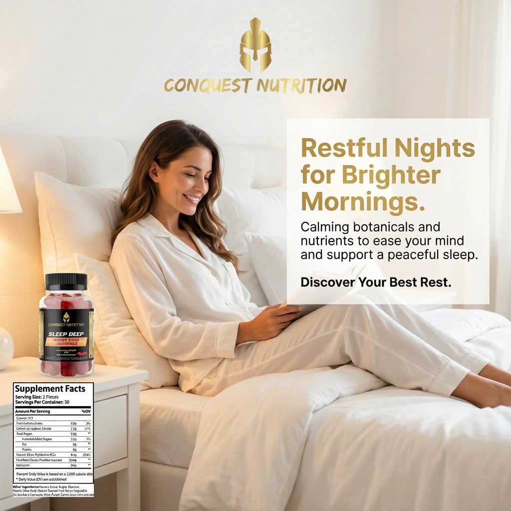 Woman in bed with a supplement bottle, surrounded by promotional text for Conquest Nutrition sleep aid.