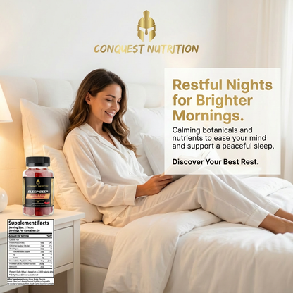 Woman in bed with a supplement bottle, surrounded by promotional text for Conquest Nutrition sleep aid.
