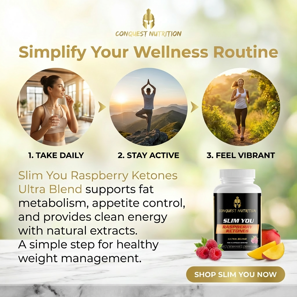 Advertisement for Conquest Nutrition Slim You Raspberry Ketones Ultra Blend with lifestyle images and product packaging.
