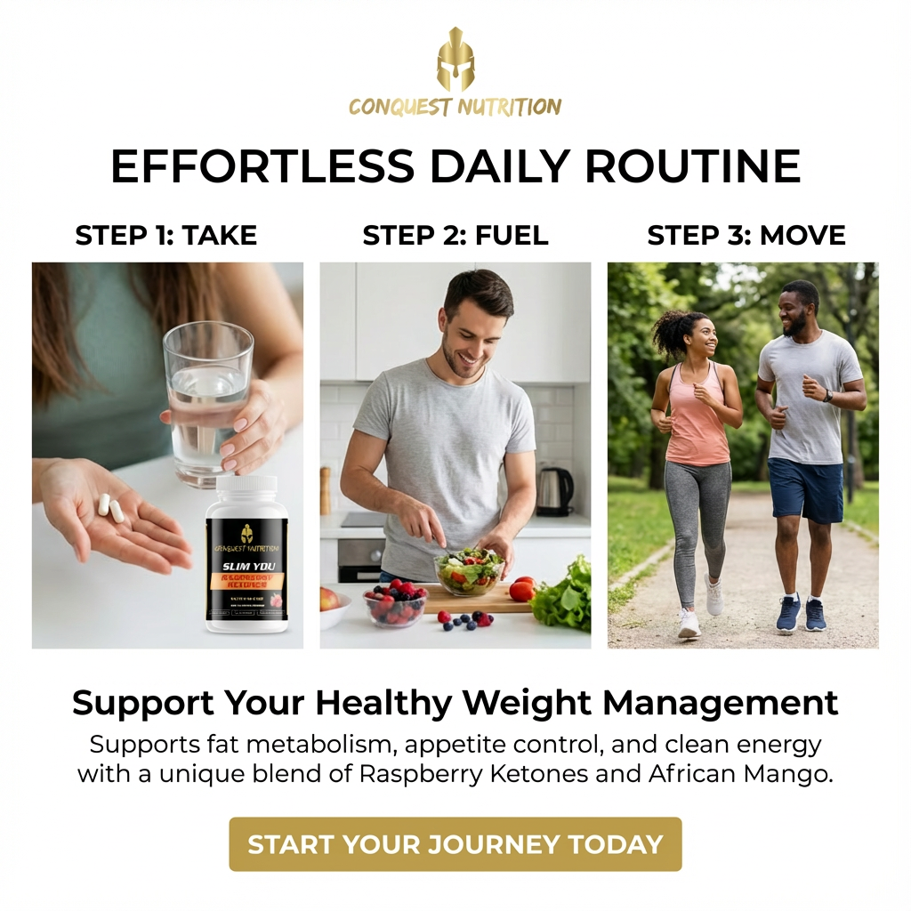 Advertisement for Conquest Nutrition with steps for a healthy routine and product display.