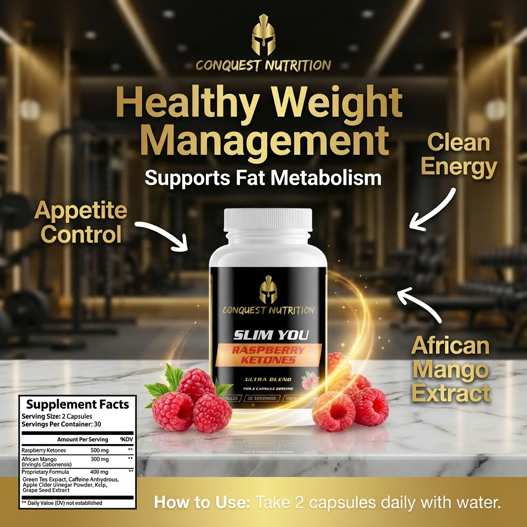 Conquest Nutrition supplement bottle with ingredients and benefits on a gym background
