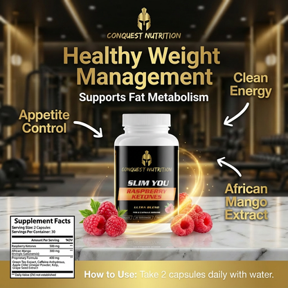Conquest Nutrition supplement bottle with ingredients and benefits on a gym background