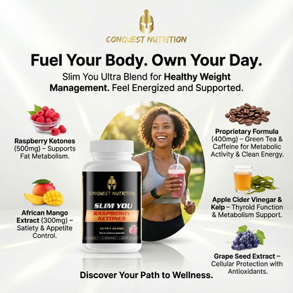 Conquest Nutrition Slim You Ultra Blend advertisement with a woman holding a drink and product packaging.