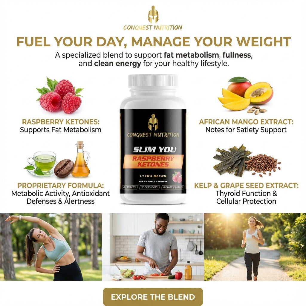 Conquest Nutrition Slim You Raspberry Ketones supplement with ingredients and lifestyle images on a white background.