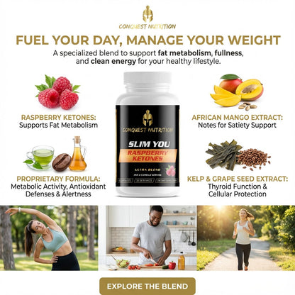 Conquest Nutrition Slim You Raspberry Ketones supplement with ingredients and lifestyle images on a white background.