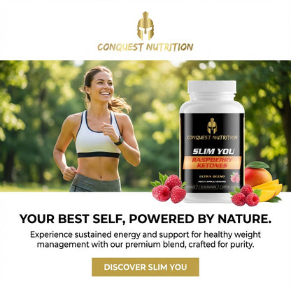 Woman running outdoors with Conquest Nutrition supplement bottle and fruits in the foreground