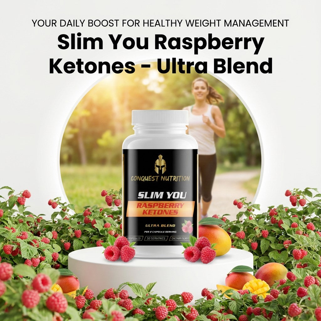 Slim You Raspberry Ketones Ultra Blend supplement with a woman exercising in the background, surrounded by raspberries and peaches.