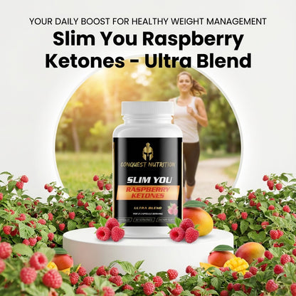 Slim You Raspberry Ketones Ultra Blend supplement with a woman exercising in the background, surrounded by raspberries and peaches.