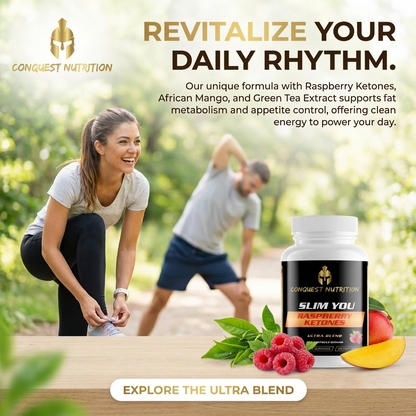Advertisement for Conquest Nutrition supplement with a woman and man exercising outdoors.