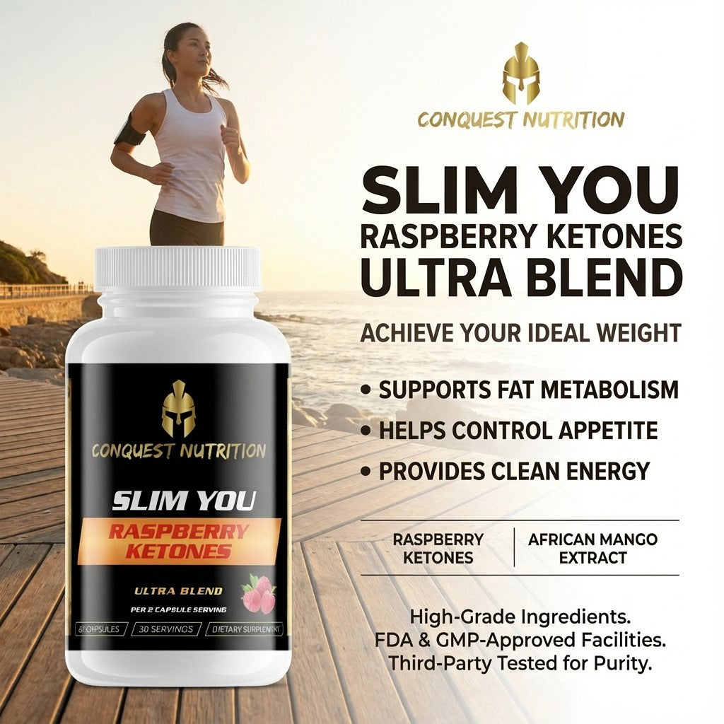 Conquest Nutrition Slim You Raspberry Ketones Ultra Blend supplement bottle with a woman running in the background.