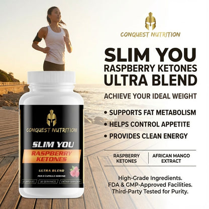 Conquest Nutrition Slim You Raspberry Ketones Ultra Blend supplement bottle with a woman running in the background.