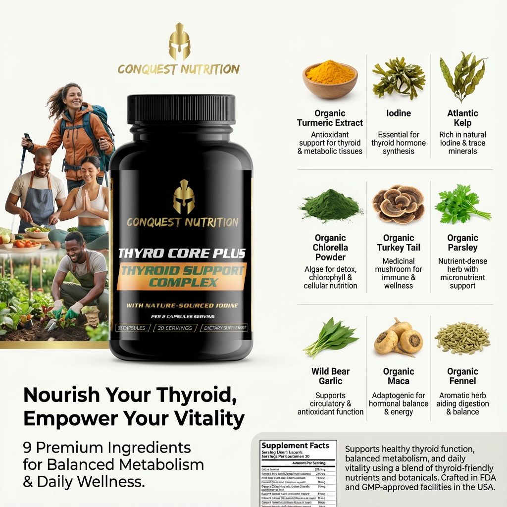 Supplement bottle labeled 'Thyro Core Plus' from Conquest Nutrition with ingredients listed on a white background.
