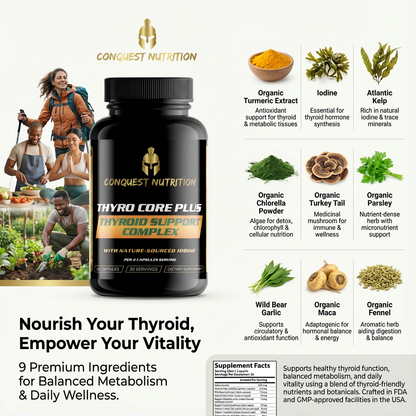 Supplement bottle labeled 'Thyro Core Plus' from Conquest Nutrition with ingredients listed on a white background.