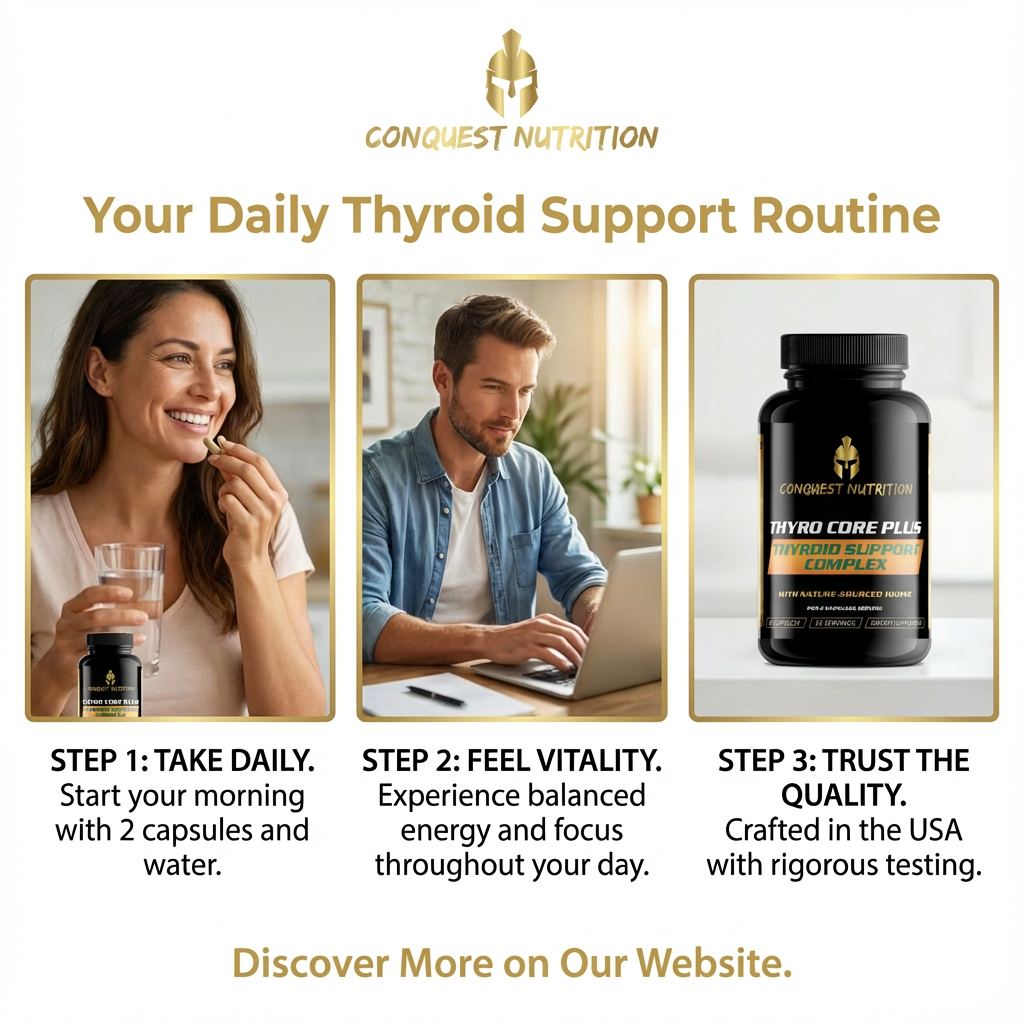 Advertisement for Conquest Nutrition thyroid support routine with a woman, man, and product bottle.