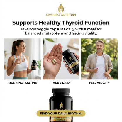 Advertisement for Conquest Nutrition thyroid support complex with images of a woman, man, and product bottle.