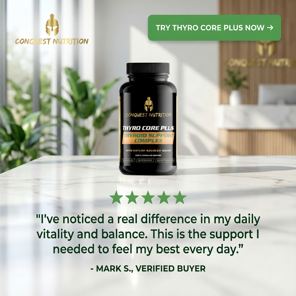Conquest Nutrition Thyro Core Plus supplement bottle on a table with a blurred background