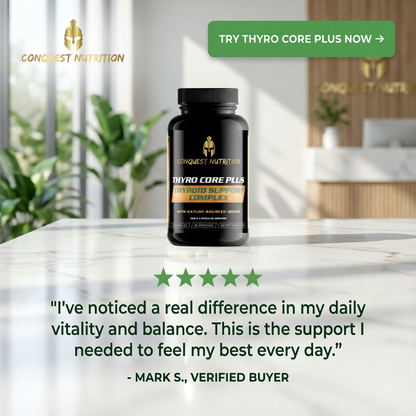 Conquest Nutrition Thyro Core Plus supplement bottle on a table with a blurred background
