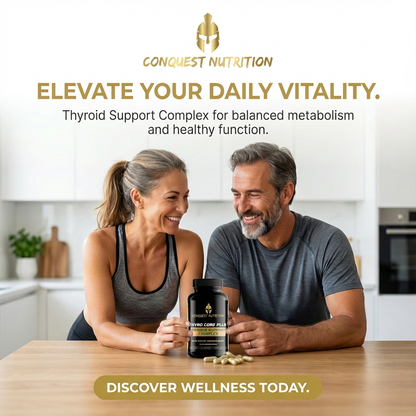 Couple in a kitchen holding a bottle of Conquest Nutrition supplements with text about thyroid support.