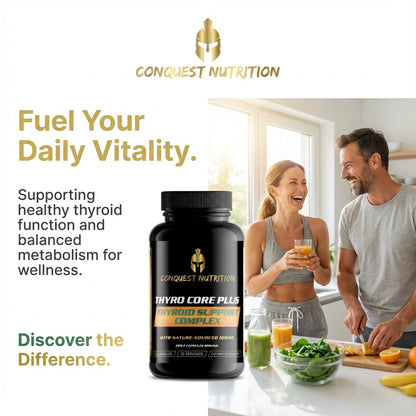 Conquest Nutrition Thyro Core Plus supplement bottle with a couple in a kitchen.