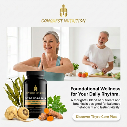 Advertisement for Conquest Nutrition Thyro Core Plus supplement with images of a woman and man, and text about foundational wellness.