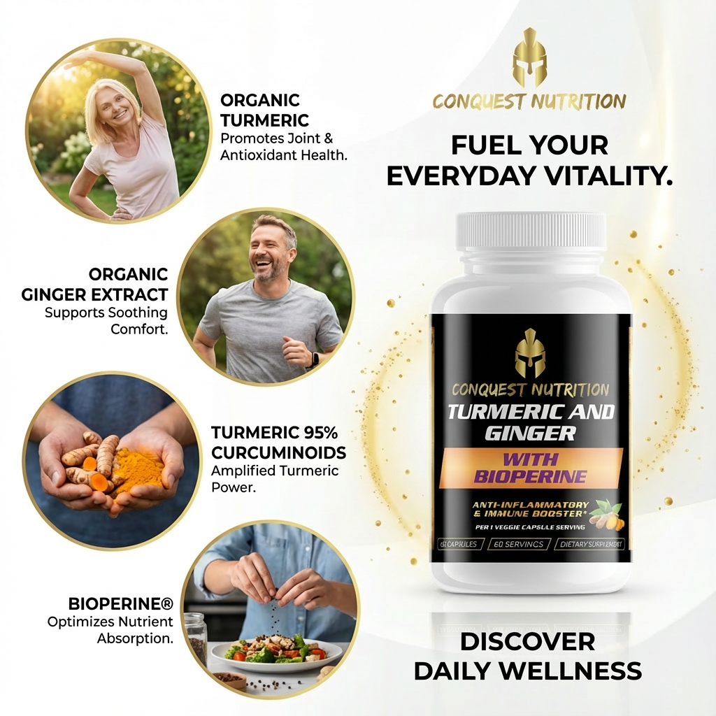 Conquest Nutrition Turmeric and Ginger supplement bottle with promotional text and images on a white background