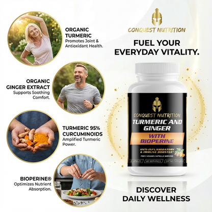 Conquest Nutrition Turmeric and Ginger supplement bottle with promotional text and images on a white background
