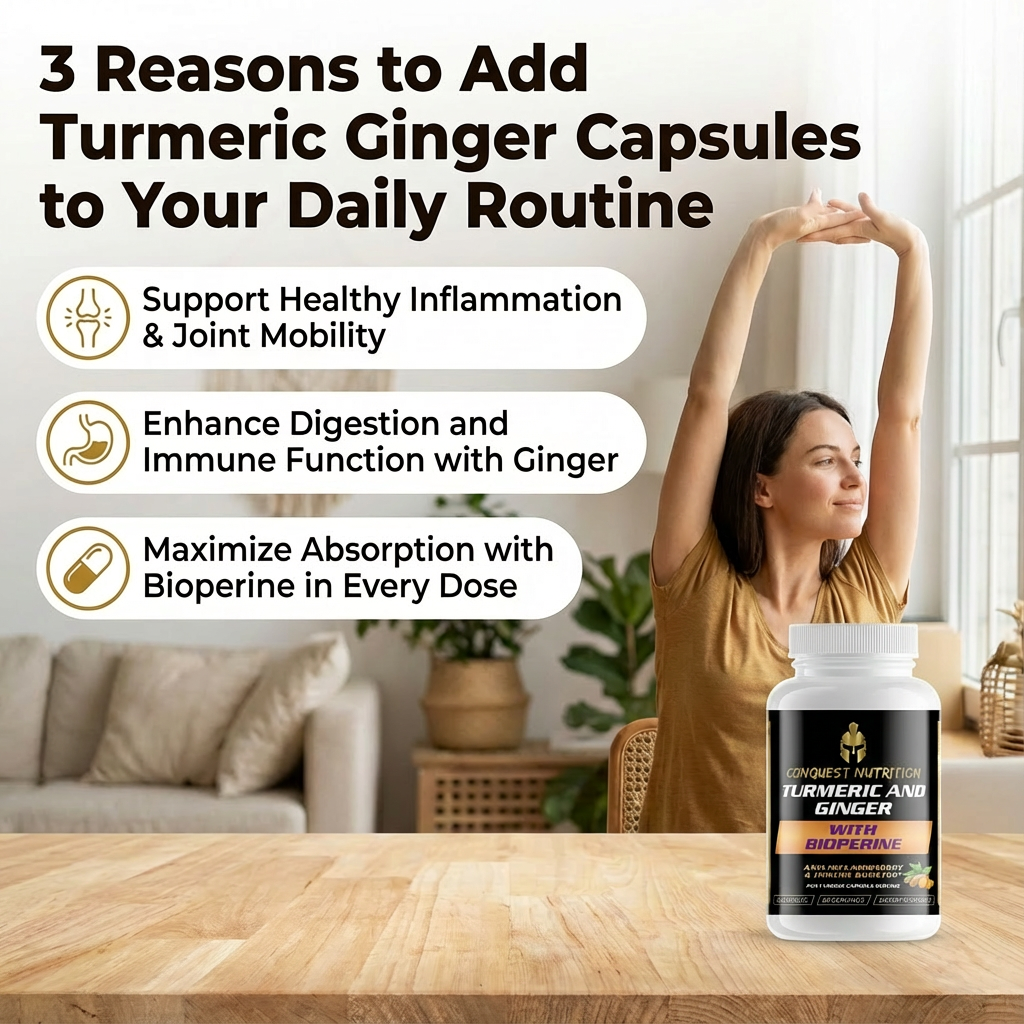 Turmeric Ginger Capsules bottle with a woman stretching in the background