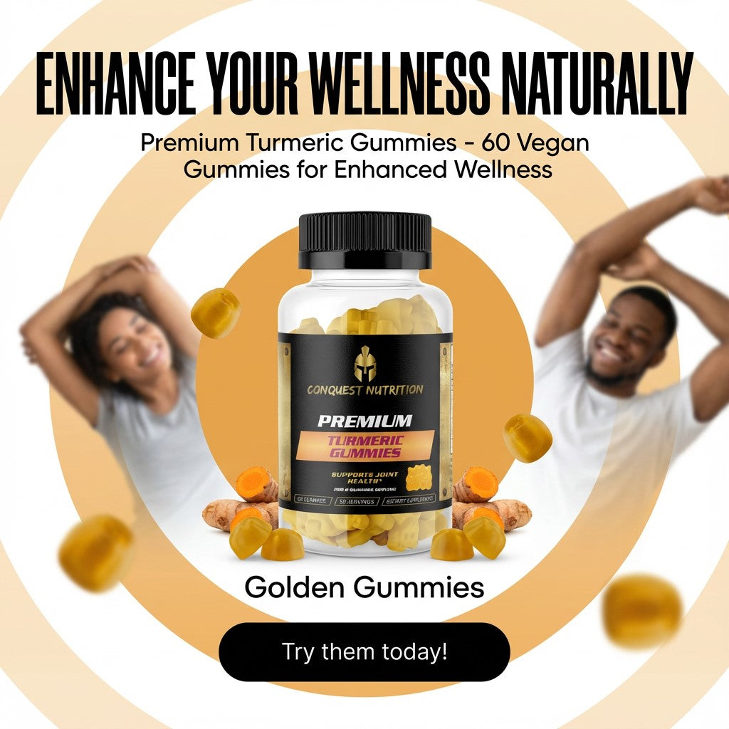 Advertisement for Conquest Nutrition Premium Turmeric Gummies with people stretching in the background.