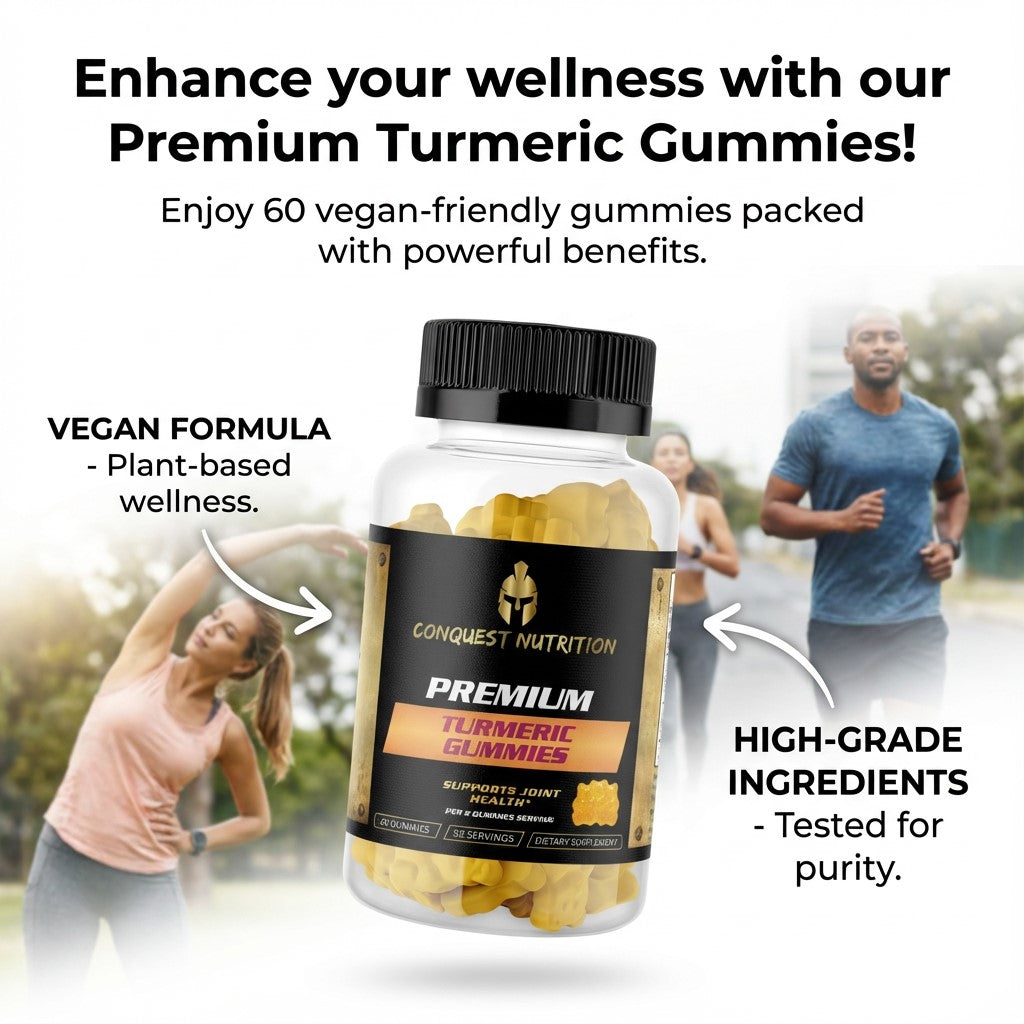 Bottle of Conquest Nutrition Premium Turmeric Gummies with people exercising outdoors, highlighting vegan formula and high-grade ingredients.