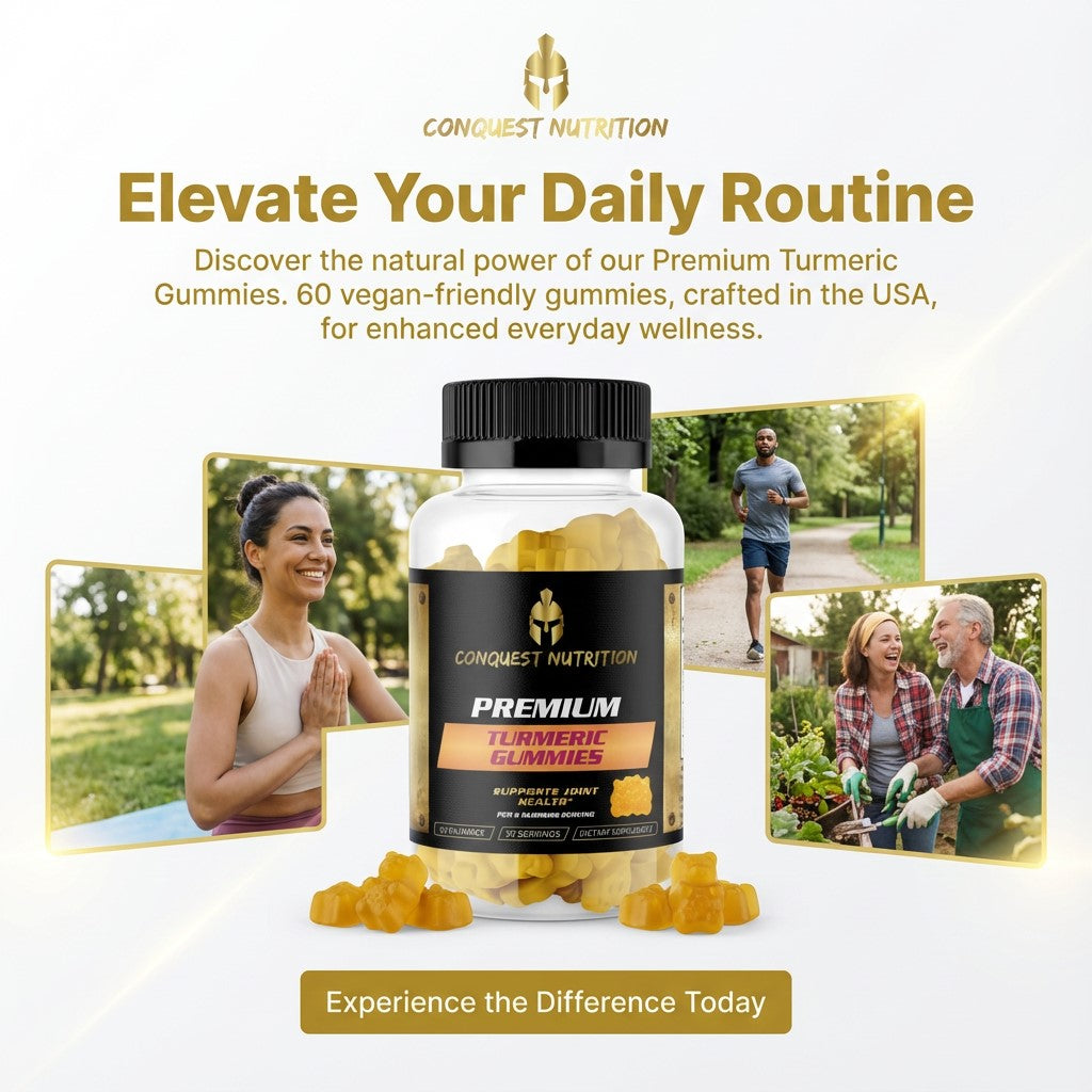 Conquest Nutrition Premium Turmeric Gummies advertisement with a jar of gummies and lifestyle images.